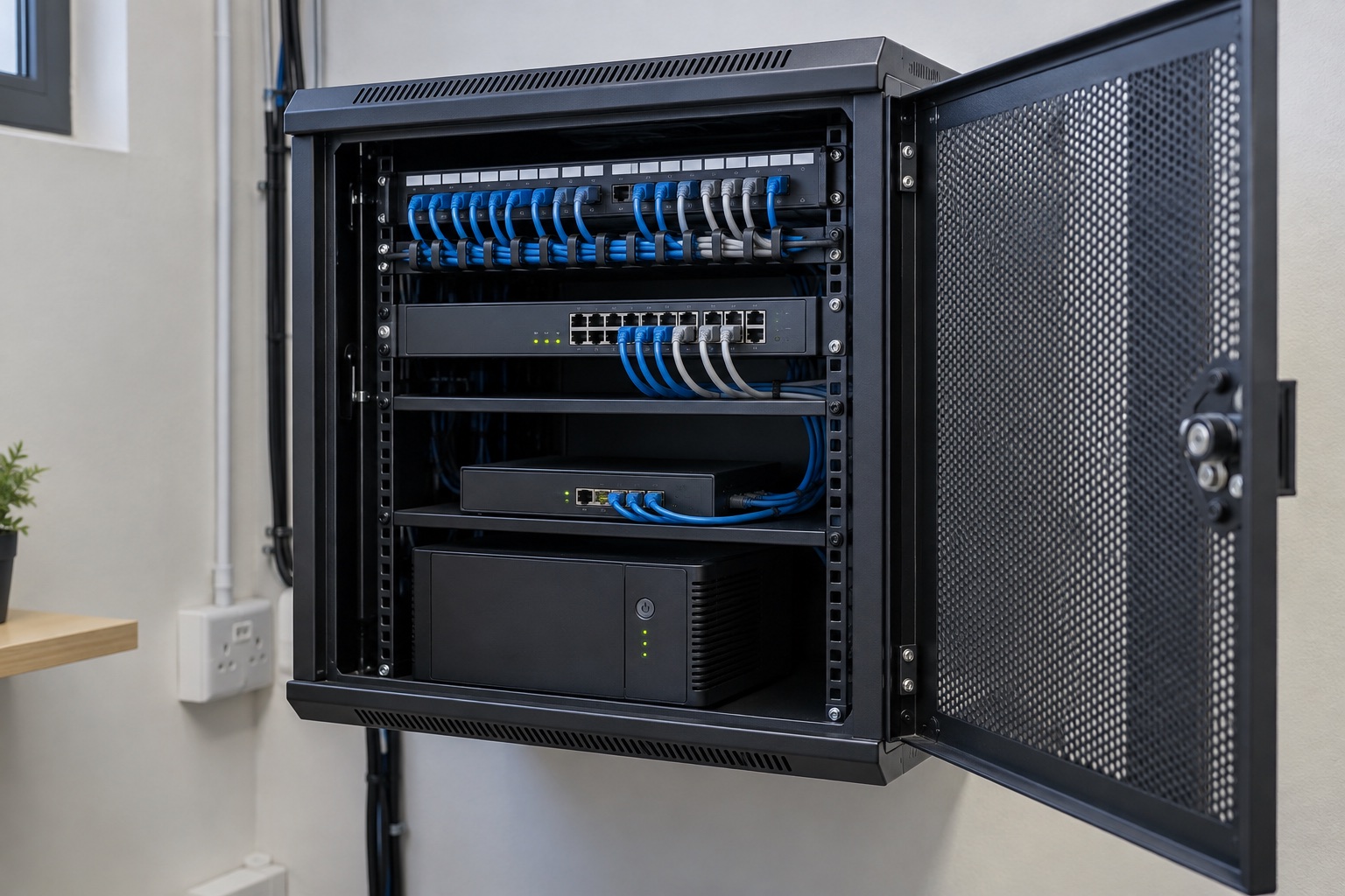 AI-generated illustration of a neatly organized small-business network cabinet